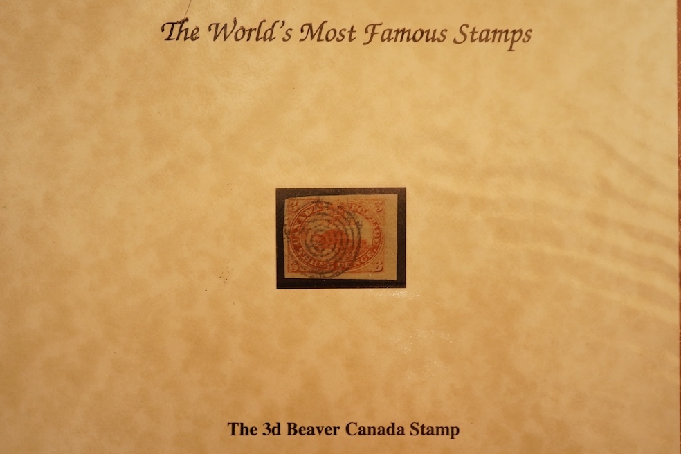 Five presentation folders of stamps issued by the Westminster collection as part of The World’s Most Famous Stamps and Philatelic Classics series including; a USA 1847 letter with 5c stamp, the 3d Beaver Canada stamp, tw